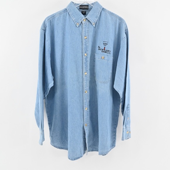 Vtg Drew Carey Show Shirt Mens Sz XL Blue Denim Button Front Warner Bros 1997 - Picture 1 of 13